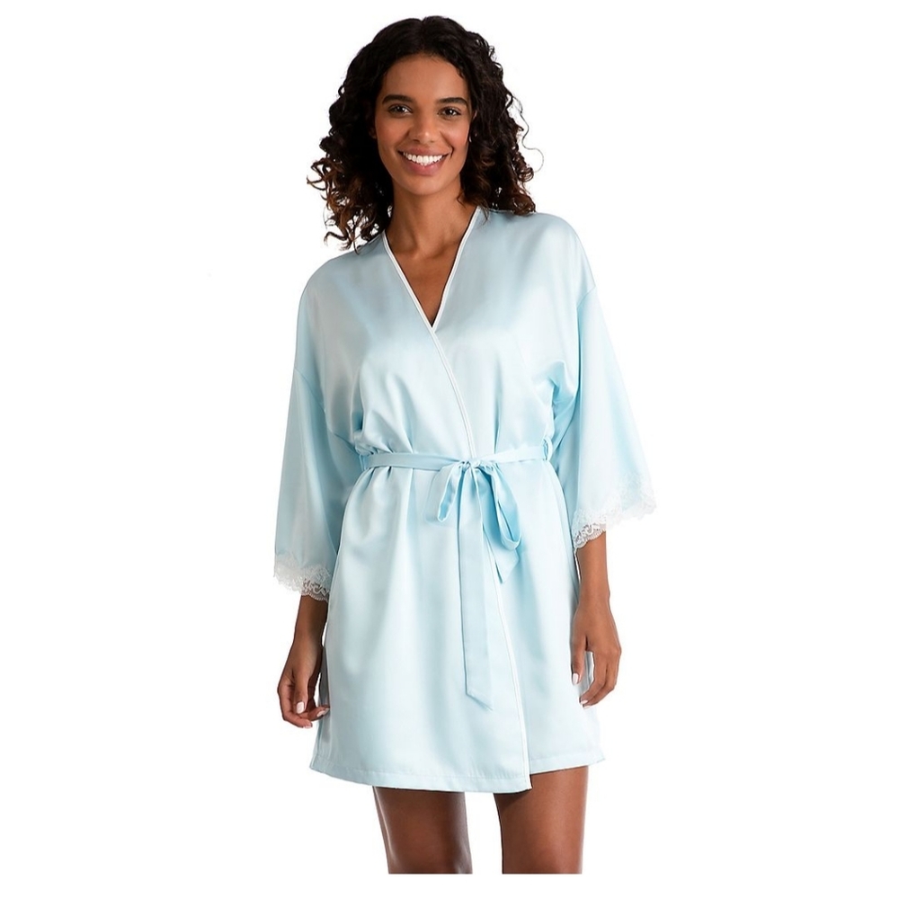 NWT Bridal Satin Chemise and Wrap Robe Set - White with Pink Lace - Picture 4 of 8